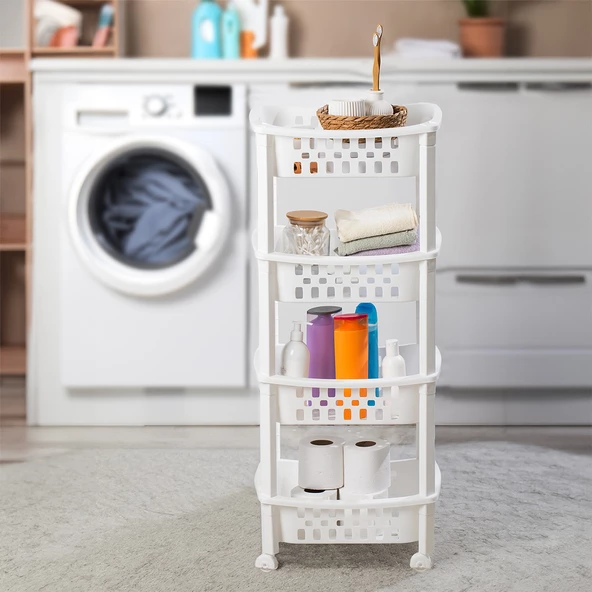 PORSIMA79-1 4 Katlı Tekerlekli Organizer Raf Çok Amaçlı Mutfak Banyo Düzenleyici Raf Ünitesi Beyaz - 2