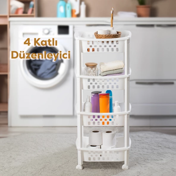 PORSIMA79-1 4 Katlı Tekerlekli Organizer Raf  Çok Amaçlı Mutfak Banyo Düzenleyici Raf Ünitesi Beyaz