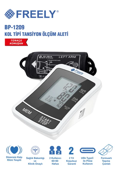 FREELY Pilli Koldan Türkçe Konuşan Tansiyon Aleti Yeni Model Bp-1209 Kol Yok Dijital