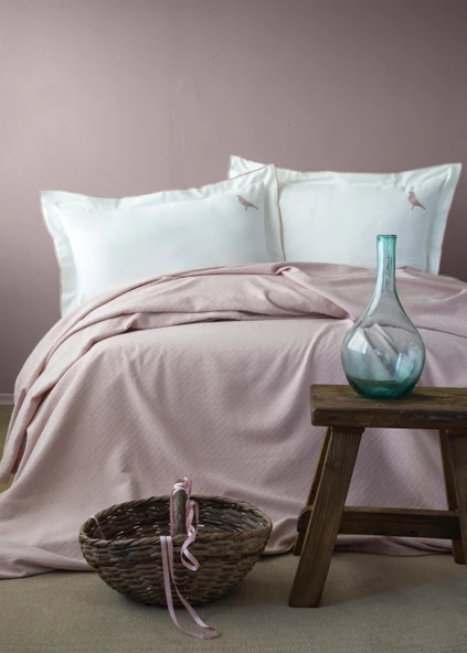 ÇİFT KİŞİLİK NAKIŞLI LUKS PİKE SET PURE BLUSH - NEVRESIMLI PIKE TAKIMI