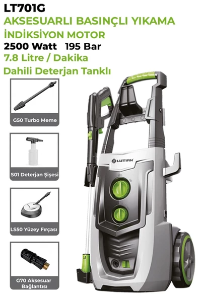 LUTİAN LT701G - 195 BAR Aksesuarlı Yüksek Basınçlı Araba Yıkama Makinesi 2500 Watt (Kömürsüz Motor)