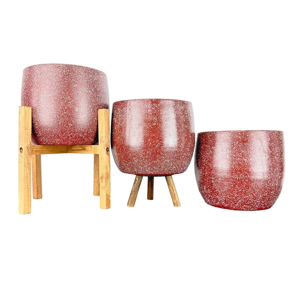 Bitki Tasarımı  Bordo Granit Toprak Saksı Saksılık Salon Çiçeklik Üçlü Set- 19 CM