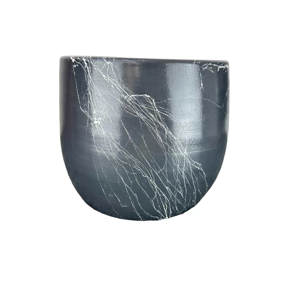 Bitki Tasarımı Gri Üzeri Beyaz Mermer Efektli Toprak Saksı Saksılık Salon Çiçeklik - 19 CM - 3