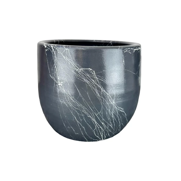 Bitki Tasarımı Gri Üzeri Beyaz Mermer Efektli Toprak Saksı Saksılık Salon Çiçeklik - 19 CM - 4