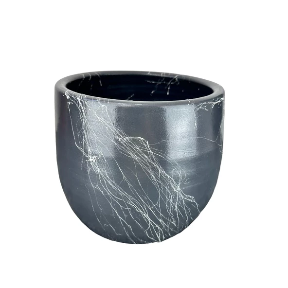 Bitki Tasarımı Gri Üzeri Beyaz Mermer Efektli Toprak Saksı Saksılık Salon Çiçeklik - 19 CM - 5