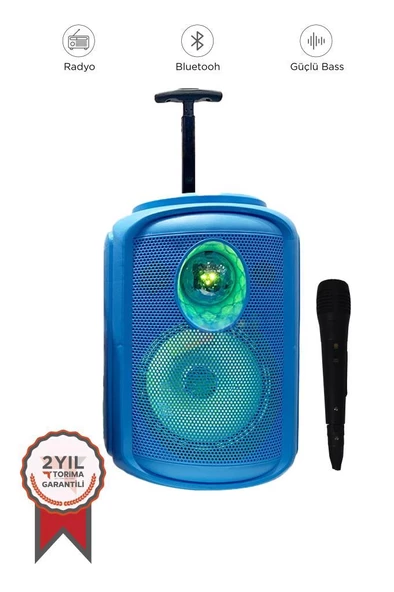 Torima KTS-2111 Mavi RGB Ledli Mikrofonlu Tekerlekli Bluetooth Hoparlör Speaker