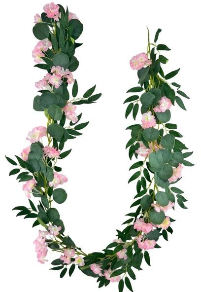 Nettenevime Yapay Çiçek Sarkan Ve Dolanan Pembe Japon Kiraz  Çiçekli Okaliptus lu Söğüt Yaprağı Yapay Sarmaşık ürün görseli 1