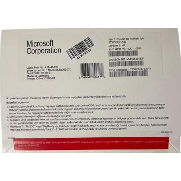 Microsoft Windows 11 Pro Türkçe 64Bit OEM (FQC-10556) Orjinal