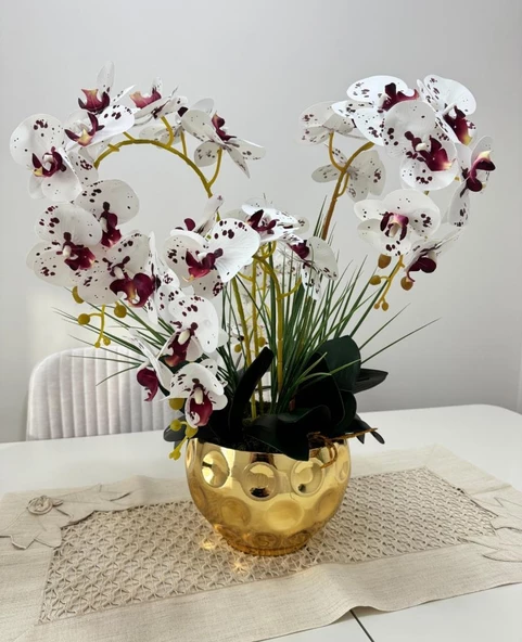 Nettenevime Yapay Çiçek 4lü Bordo Çilli Beyaz Islak Orkide Metal Yuvarlak Gold Vazoda Orkide 50cm - Resim 2
