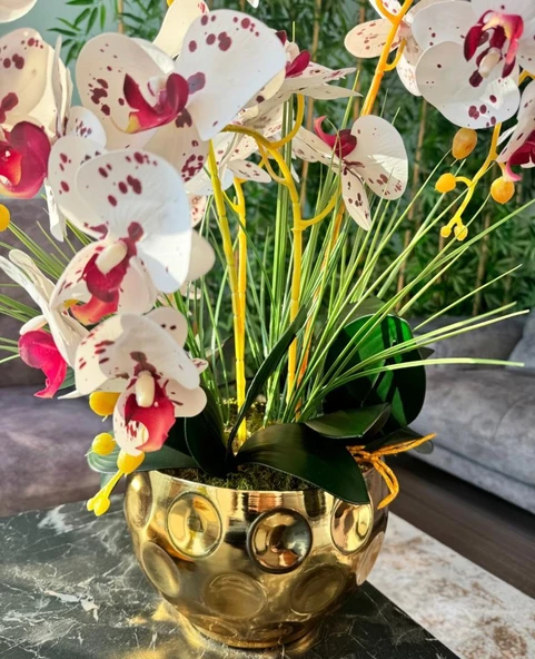 Nettenevime Yapay Çiçek 4lü Bordo Çilli Beyaz Islak Orkide Metal Yuvarlak Gold Vazoda Orkide 50cm - Resim 8