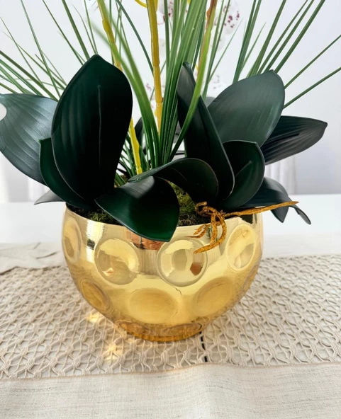 Nettenevime Yapay Çiçek 4lü Bordo Çilli Beyaz Islak Orkide Metal Yuvarlak Gold Vazoda Orkide 50cm - Resim 4