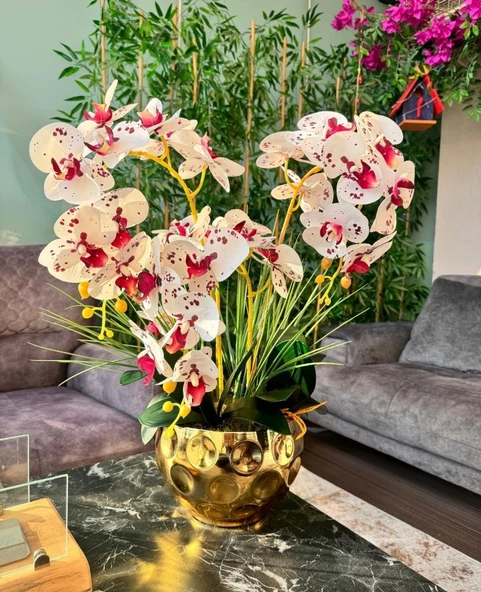 Nettenevime Yapay Çiçek 4lü Bordo Çilli Beyaz Islak Orkide Metal Yuvarlak Gold Vazoda Orkide 50cm - Resim 5