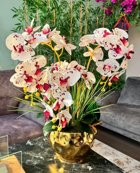 Nettenevime Yapay Çiçek 4lü Bordo Çilli Beyaz Islak Orkide Metal Yuvarlak Gold Vazoda Orkide 50cm ürün görseli