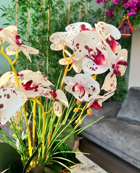 Nettenevime Yapay Çiçek 4lü Bordo Çilli Beyaz Islak Orkide Metal Yuvarlak Gold Vazoda Orkide 50cm - Resim 7