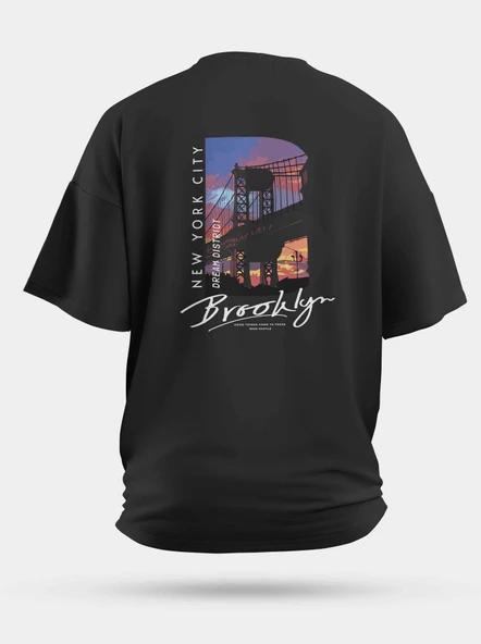 Oversize Brooklyn Fotoğraf Baskılı Unisex Tişört Siyah