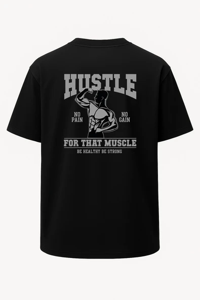 Oversize Hustle Fitness Baskılı Erkek Sporcu Tişört