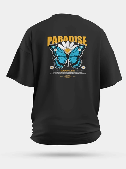 Oversize Paradise Kelebek Papatya Baskılı Unisex Tişört Siyah