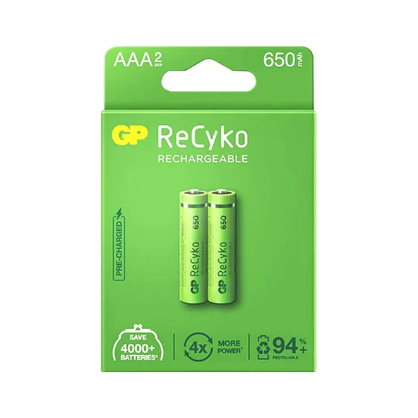 GP RECYKO 650 MAH R03 AAA ŞARJLI 2Lİ İNCE KALEM PİL GP65AAAHCE-2EB2 (GPRHCH63E000) (4593)