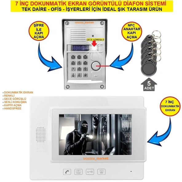 7 İNÇ DOKUNMATİK EKRAN GÖRÜNTÜLÜ DİAFON SİSTEMİ (TEK DAİRE İÇİNDİR ŞİFRE + KARTLI GEÇİŞ ÖZELLİKLİDİR)