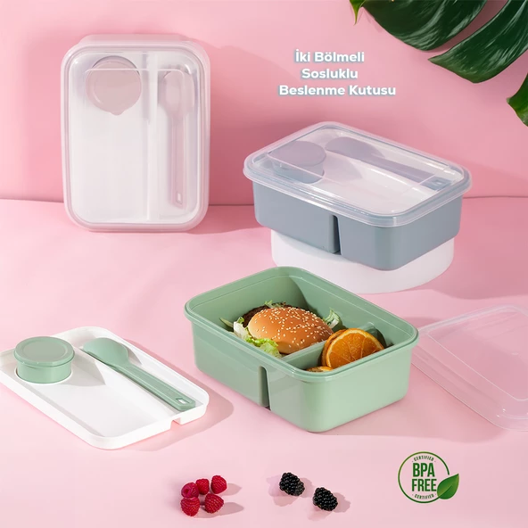 Porsima 1183 Kendinden Kaşık Çatallı Sozluklu Bölmeli Beslenme Kabı - Taşınabilir Lunch Box Yeşil