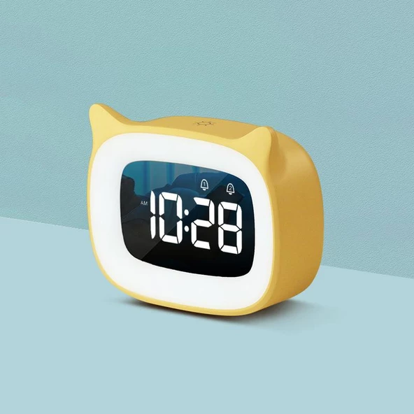 Valkyrie Çok Şirin Kedi Masaüstü Saat Şarjlı LED Işıklı Sevimli Saat Sarı - 6