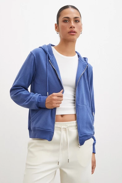 Fermuarlı Kapüşonlu Sweatshirt Mavi - 5