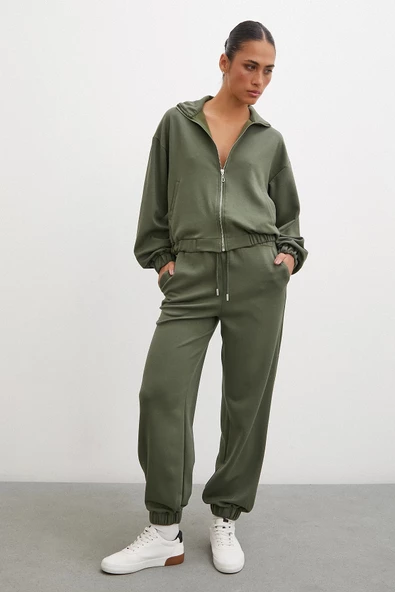 Fermuarlı Sweatshirt Haki - 5