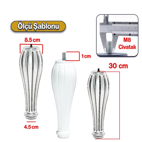 Pırlanta Plastik Sehpa Ayağı 30 cm Beyaz Renk 4 Adet Mobilya Orta Sehpası M8 Civatalı Ayak Ayaklar - Resim 2