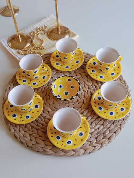 Den Tasarım Hediyelik Nazar Boncuğu El işlemesi 6 Kişilik Kahve Fincan Seti Sarı - Resim 2
