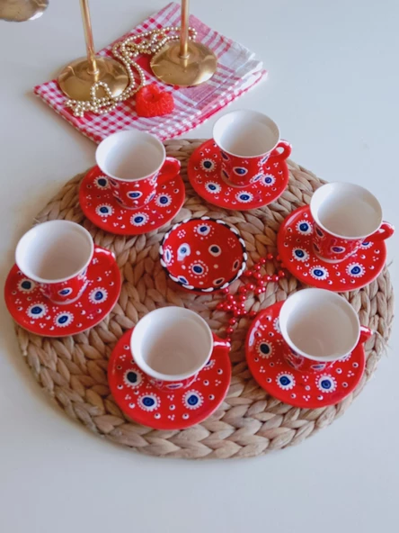 Den Tasarım Hediyelik Nazar Boncuğu El işlemesi 6 Kişilik Kahve Fincan Seti Kırmızı - Resim 3