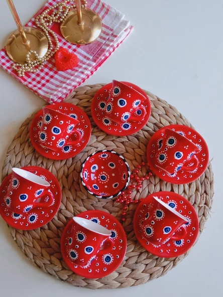 Den Tasarım Hediyelik Nazar Boncuğu El işlemesi 6 Kişilik Kahve Fincan Seti Kırmızı - Resim 2