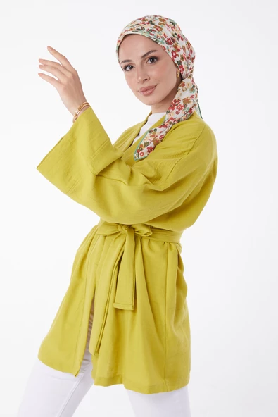 Düz Orta Kadın Yeşil Kuşaklı Kimono - 26129