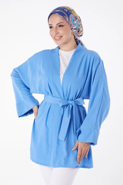 Düz Orta Kadın Mavi Kuşaklı Kimono - 26129