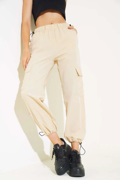 Bel Ve Paça Lastikli Kargo Cep Paraşüt Pantolon Bej - Resim 2