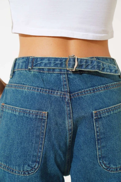 Arka Tokalı Diz Pensli Kot Pantolon Yeşil Tint - Resim 4