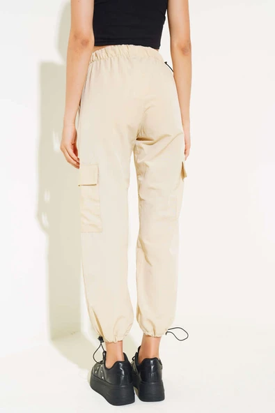 Bel Ve Paça Lastikli Kargo Cep Paraşüt Pantolon Bej - Resim 3