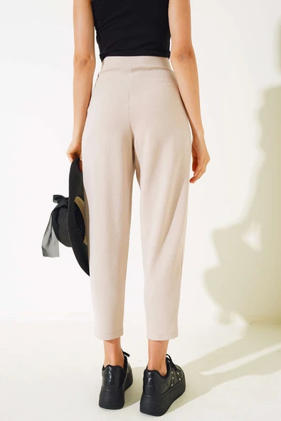 Düğmeli Dar Paça Pantolon Taş - Resim 3