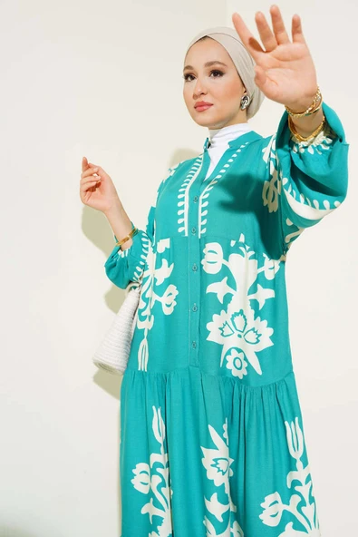 Etnik Desenli Bileği Lastikli Elbise Yeşil - Resim 2