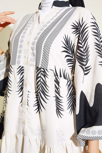 Etnik Desen Patlı Elbise Siyah - 4