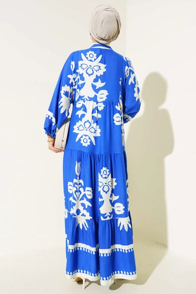 Etnik Desenli Bileği Lastikli Elbise Saks - 3