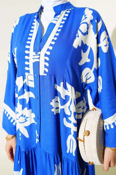 Etnik Desenli Bileği Lastikli Elbise Saks - Resim 4