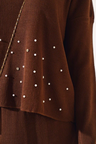 İnci Süslemeli Etekli Triko İkili Takım Kahve - 4