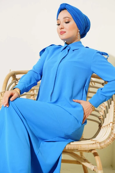 Omuz Taş Detaylı Elbise Mavi - Resim 2