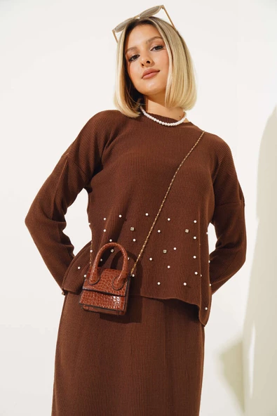 İnci Süslemeli Etekli Triko İkili Takım Kahve - 2