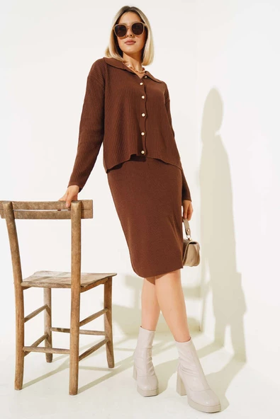 Ceketli Etekli Triko İkili Takım Kahve