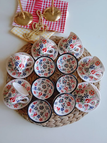 Den Tasarım Hediyelik El İşlemeli Renkli Dantel 6 Kişilik Kahve Fincan Seti Ve 6 lı Lokumluk Kase - 2