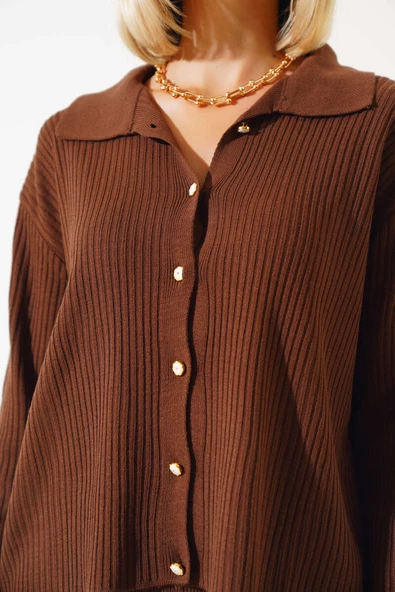 Ceketli Etekli Triko İkili Takım Kahve - 4