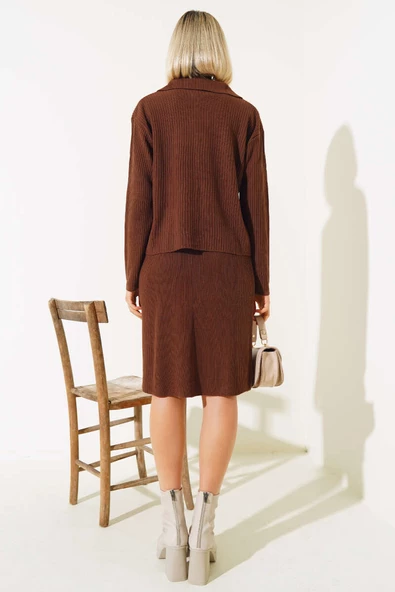 Ceketli Etekli Triko İkili Takım Kahve - 3