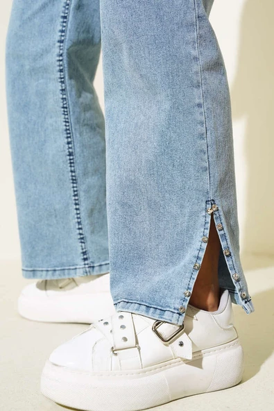 Paça Yanı Taşlı Kot Pantolon Buz Mavisi - Resim 4