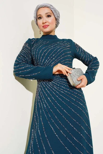 Önü ve Kolu Taş Süslemeli Elbise Petrol - Resim 2